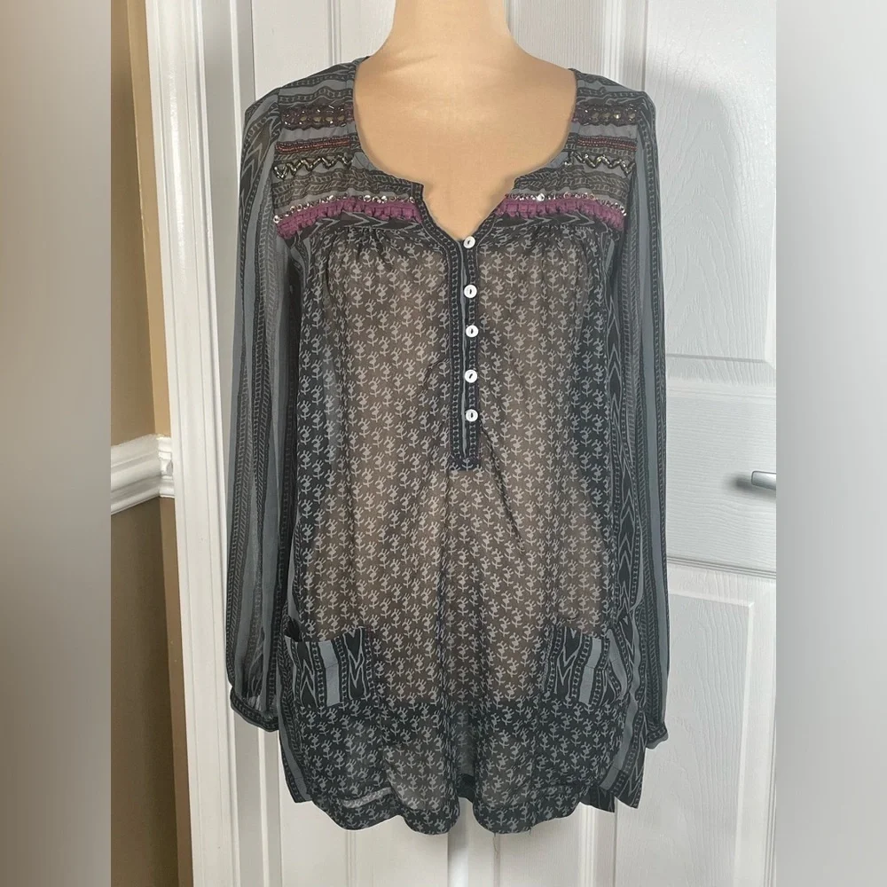 Free People Feather in the Wind‎ Sheer Beaded Boho Tunic Top Blouse XS